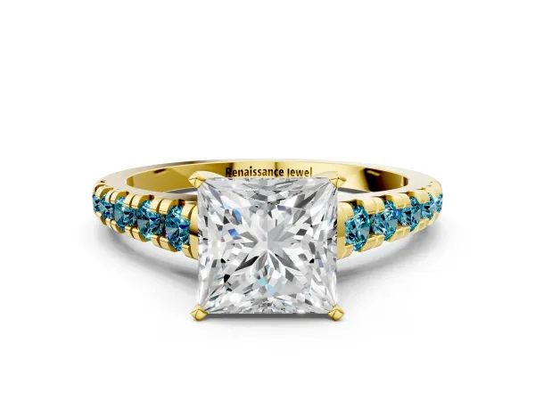 Princess Cut Diamond Cathedral Solitaire Ring with Round Blue Topaz Pavé Band Yellow gold