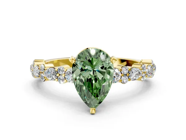 Fancy Green Pear Cut Diamond Side Stone Solitaire Ring with Round and Four-Prong Setting Yellow gold