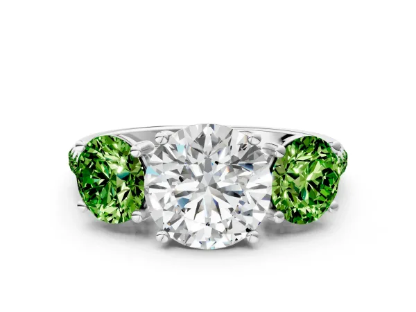 Three-Stone Round Cut Diamond Ring with Round Peridot Pavé Band and Prong Setting White gold