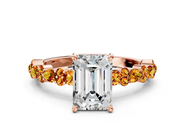 Emerald Cut Diamond Side Stone Solitaire Ring with Round Citrine and Four-Prong Setting Rose gold