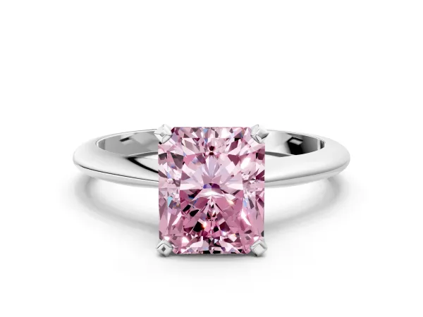Fancy Pink Radiant Cut Diamond Solitaire Engagement Ring with Classic Band and Four-Prong Setting Silver