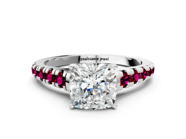 Cushion Cut Diamond Cathedral Solitaire Ring with Round Garnet Pavé Band Platinum