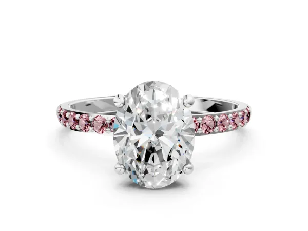 Oval Cut Diamond Solitaire Ring with Round Morganite Pavé Band and Prong Setting Platinum
