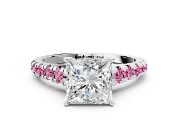 Princess Cut Diamond Cathedral Solitaire Ring with Round Pink Sapphire Pavé Band Platinum