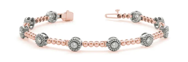 Round Bezel Set Diamond Tennis Bracelet with Beaded Band Rose gold