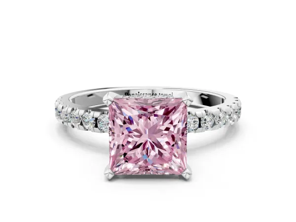 Fancy Pink Princess Cut Diamond Solitaire Ring with Round Pavé Band and Four-Prong Setting White gold