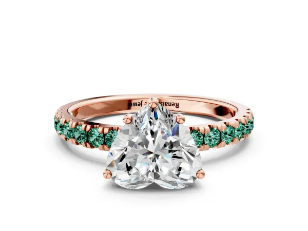 Heart Cut Diamond Pave Band Solitaire Ring with Round Green Sapphire and Prong Setting Rose gold