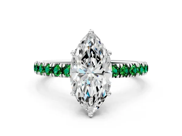 Marquise Cut Diamond Pave Band Solitaire Ring with Round Emerald and Prong Setting Platinum