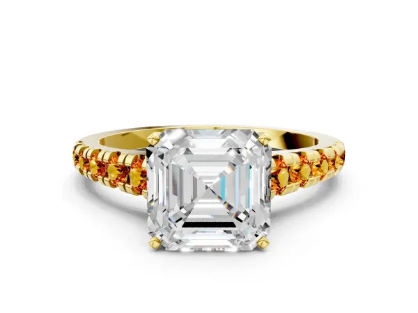 Asscher Cut Diamond Cathedral Solitaire Ring with Round Citrine Pavé Band Yellow gold