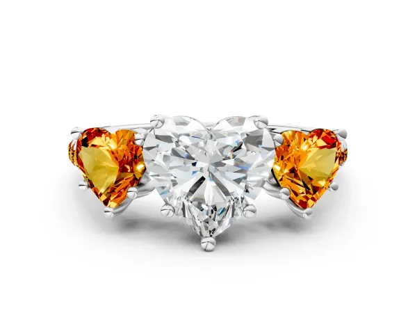 Three-Stone Heart Cut Diamond Ring with Round Citrine Pavé Band and Prong Setting White gold