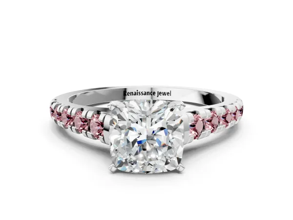 Cushion Cut Diamond Cathedral Solitaire Ring with Round Morganite Pavé Band Platinum