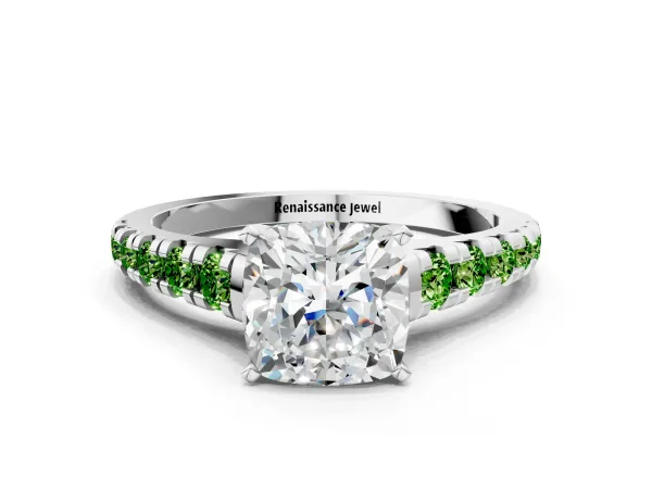 Cushion Cut Diamond Cathedral Solitaire Ring with Round Peridot Pavé Band Platinum