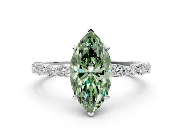 Fancy Green Marquise Cut Diamond Ring with Marquise and Round Side Stones and Four-Prong Setting White gold