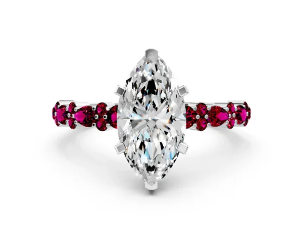 Marquise Cut Diamond Side Stone Solitaire Ring with Round Garnet and Four-Prong Setting Platinum