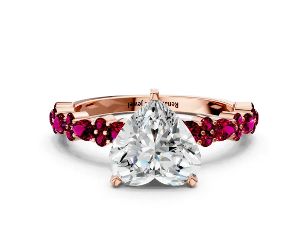 Heart Cut Diamond Side Stone Solitaire Ring with Round Garnet and Four-Prong Setting Rose gold