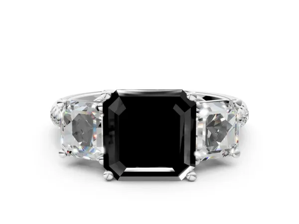Fancy Black Three-Stone Asscher Cut Diamond Ring with Round Pavé Band and Prong Setting White gold