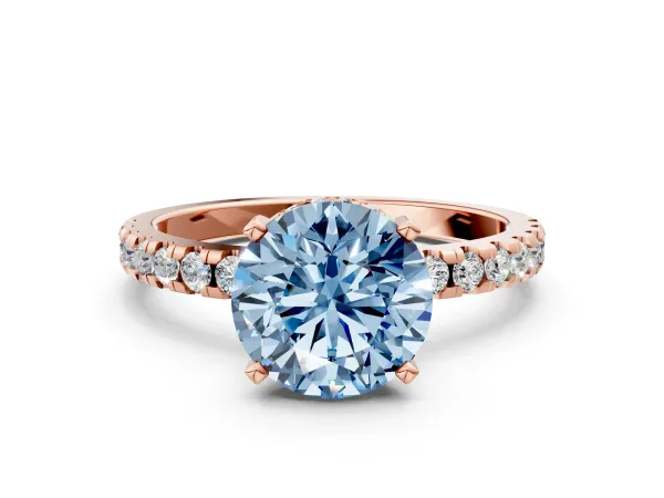 Fancy Blue Round Cut Diamond Solitaire Ring with Round Pavé Band and Four-Prong Setting Rose gold