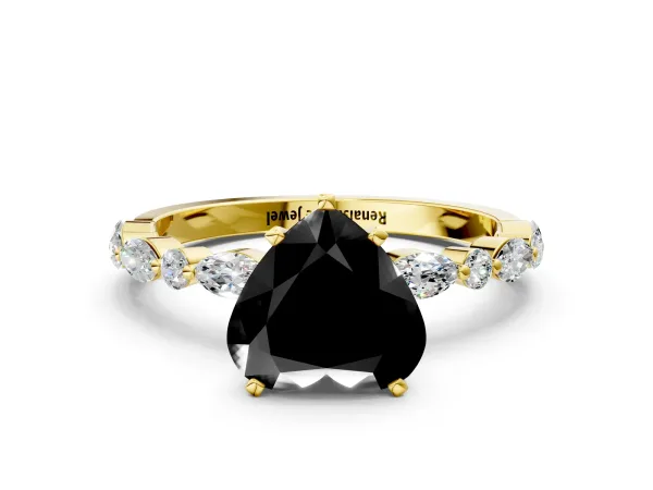 Fancy Black Heart Cut Diamond Ring with Marquise and Round Side Stones and Four-Prong Setting Yellow gold