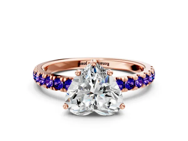 Heart Cut Diamond Pave Band Solitaire Ring with Round Tanzanite and Prong Setting Rose gold