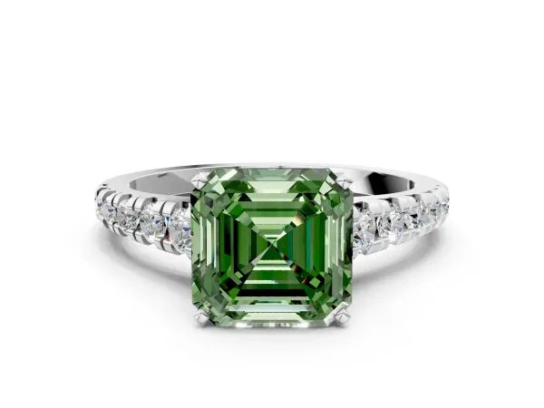 Fancy Green Asscher Cut Diamond Cathedral Solitaire Ring with Round Pavé Band Platinum