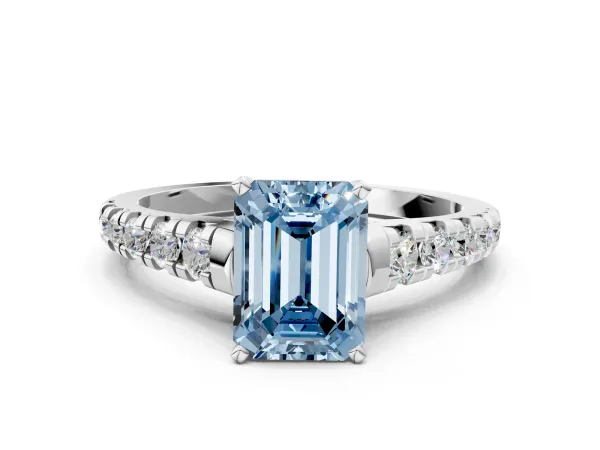 Fancy Blue Emerald Cut Diamond Cathedral Solitaire Ring with Round Pavé Band White gold