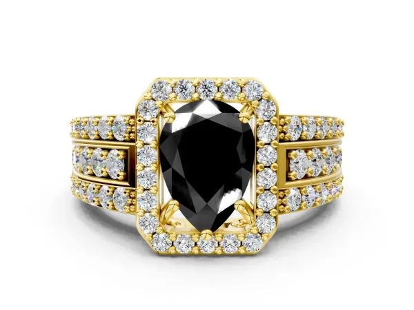 Fancy Black Pear Cut Halo Diamond Ring with Round Split Shank and Prong Setting Yellow gold