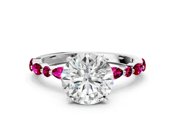 Round Cut Diamond Ring with Marquise and Round Garnet Side Stones and Four-Prong Setting White gold