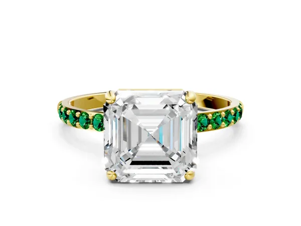 Asscher Cut Diamond Solitaire Ring with Round Emerald Pavé Band and Prong Setting Yellow gold