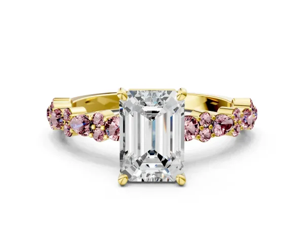 Emerald Cut Diamond Side Stone Solitaire Ring with Round Morganite and Four-Prong Setting Yellow gold