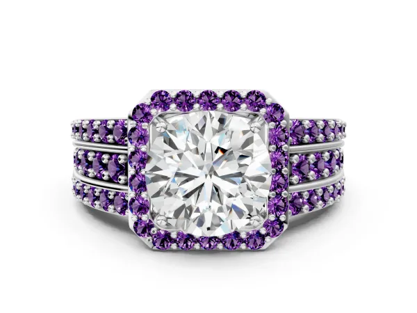 Round Cut Halo Diamond Ring with Round Amethyst Split Shank and Prong Setting Platinum