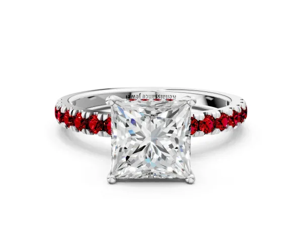 Princess Cut Diamond Pave Band Solitaire Ring with Round Ruby and Prong Setting Silver