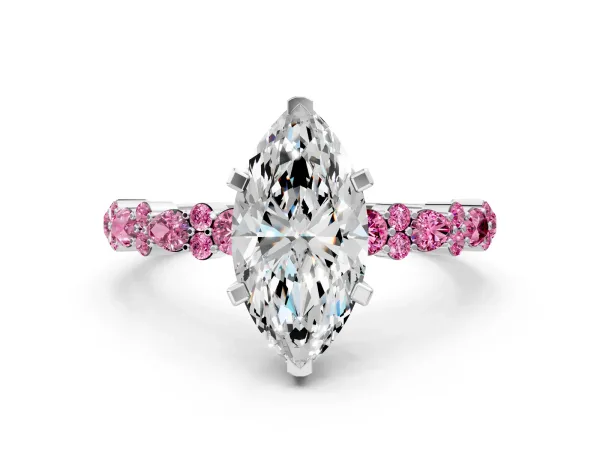 Marquise Cut Diamond Side Stone Solitaire Ring with Round Pink Sapphire and Four-Prong Setting Platinum