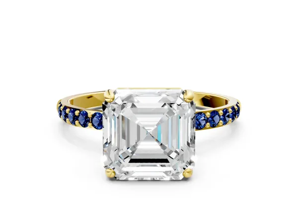 Asscher Cut Diamond Solitaire Ring with Round Blue Sapphire Pavé Band and Prong Setting Yellow gold