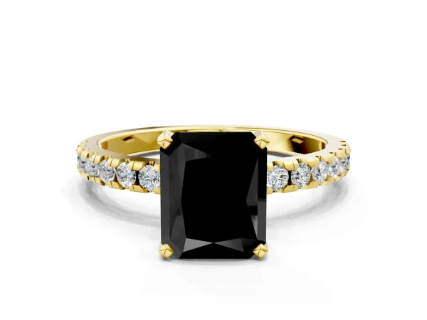 Fancy Black Radiant Cut Diamond Solitaire Ring with Round Pavé Band and Four-Prong Setting Yellow gold