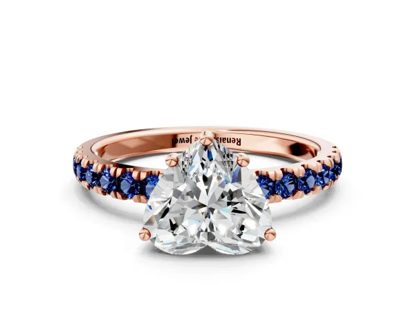 Heart Cut Diamond Pave Band Solitaire Ring with Round Blue Sapphire and Prong Setting Rose gold