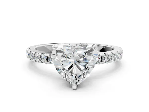 Heart Cut Diamond Solitaire Ring with Round Pavé Band and Four-Prong Setting Platinum
