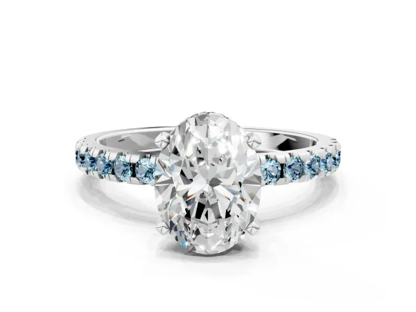 Oval Cut Diamond Solitaire Ring with Round Aquamarine Pavé Band and Four-Prong Setting Silver