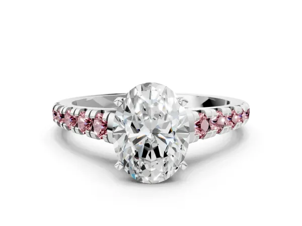 Oval Cut Diamond Cathedral Solitaire Ring with Round Morganite Pavé Band White gold
