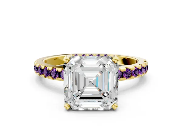 Asscher Cut Diamond Solitaire Ring with Round Amethyst Pavé Band and Four-Prong Setting Yellow gold