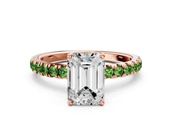 Emerald Cut Diamond Pave Band Solitaire Ring with Round Peridot and Prong Setting Rose gold