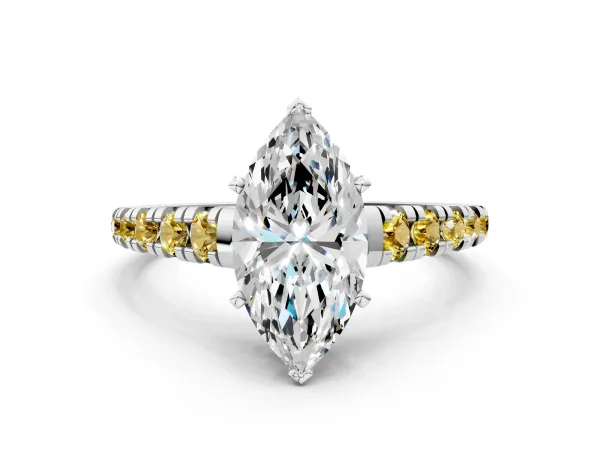 Marquise Cut Diamond Cathedral Solitaire Ring with Round Yellow Sapphire Pavé Band White gold