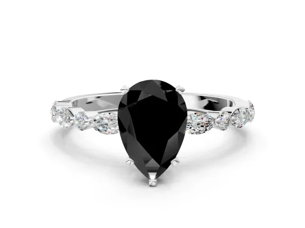 Fancy Black Pear Cut Diamond Ring with Marquise and Round Side Stones and Four-Prong Setting White gold
