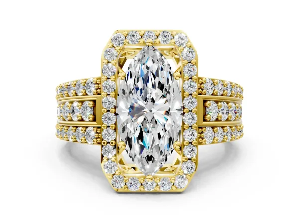 Marquise Cut Halo Diamond Ring with Round Moissanite Split Shank and Prong Setting Yellow gold