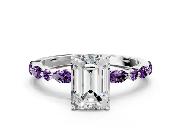 Emerald Cut Diamond Ring with Marquise and Round Amethyst Side Stones and Four-Prong Setting White gold