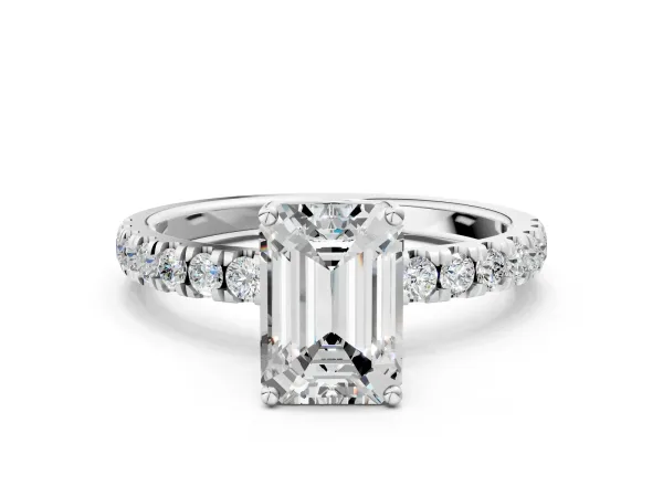 Emerald Cut Diamond Pave Band Solitaire Ring with Round Moissanite and Prong Setting Platinum