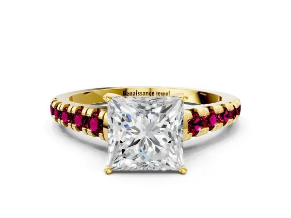 Princess Cut Diamond Cathedral Solitaire Ring with Round Garnet Pavé Band Yellow gold