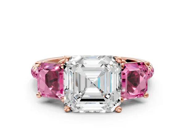 Three-Stone Asscher Cut Diamond Ring with Round Pink Sapphire Pavé Band and Prong Setting Rose gold