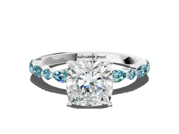 Cushion Cut Diamond Ring with Marquise and Round Blue Topaz Side Stones and Four-Prong Setting Platinum