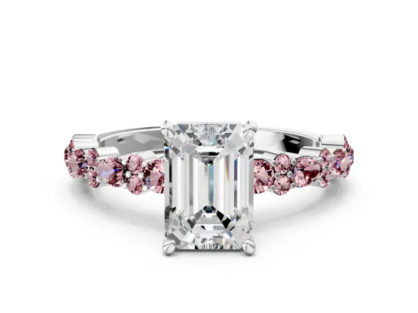 Emerald Cut Diamond Side Stone Solitaire Ring with Round Morganite and Four-Prong Setting White gold