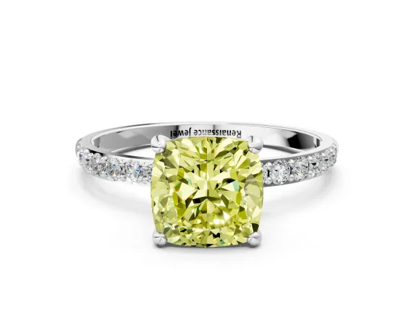 Fancy Yellow Cushion Cut Diamond Solitaire Ring with Round Pavé Band and Prong Setting White gold